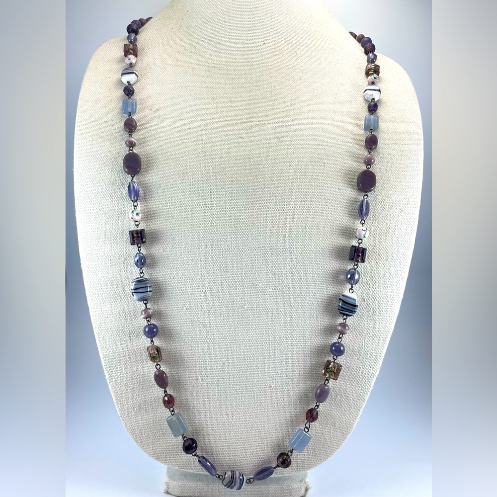 Beautiful Unsigned Gun Metal Gray Tone Purple Glass Beaded Long Necklace